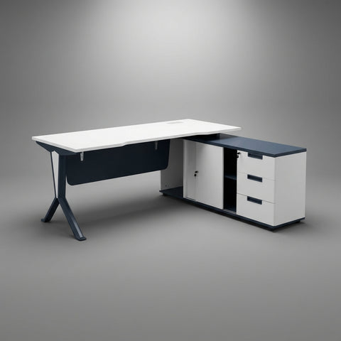 Cobalt L-Shaped Managerial Desk with Extended Return Pedestal – Deep Navy & White - Offix Furniture