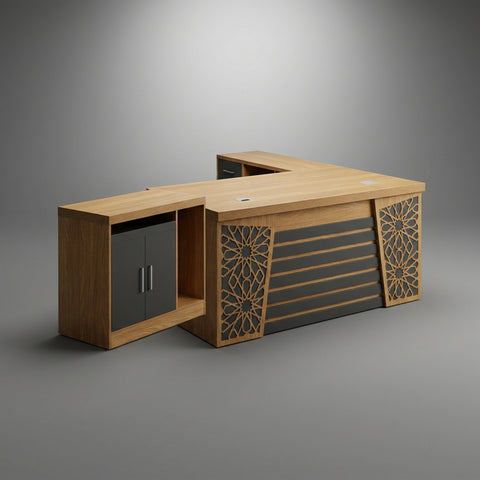 Sultan Geometric Carved Executive Desk with Side Return – Warm Walnut & Gold Accent - Offix Furniture