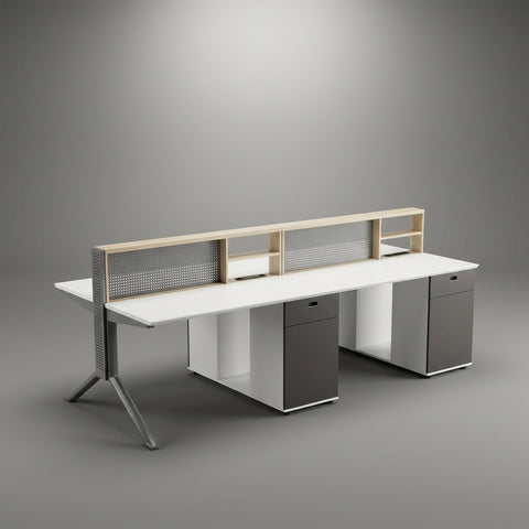 Nexus 2-Person Dual Office Workstation with Upper Display Shelf – White & Graphite - Offix Furniture
