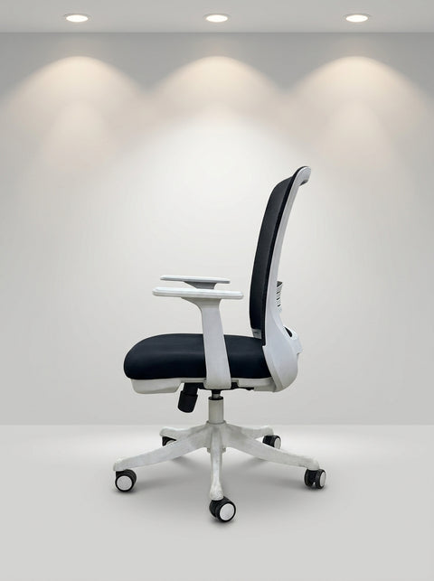 Aura Designer Ergonomic Chair – White Shell & Slate Mesh - Angle 1