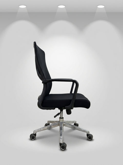 Milano Ribbed Leather Managerial Chair – Jet Black & Polished Chrome - Angle 1