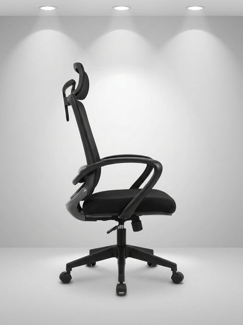 Zenith High-Back Mesh Chair – Headrest & Matte Black Base - Angle 1