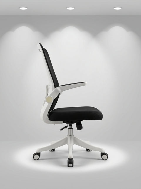 Nexus Ergonomic Mesh Chair with 90° Flip-Up Arms – Arctic White & Charcoal - Angle 1