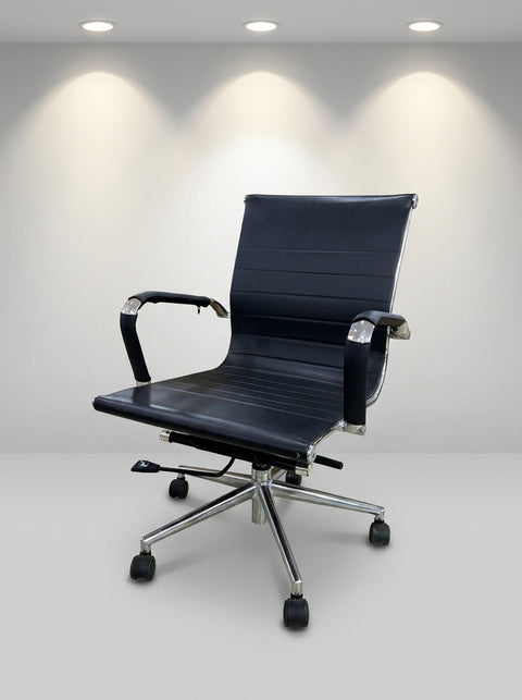 Milano Ribbed Leather Managerial Chair – Jet Black & Polished Chrome - Angle 2