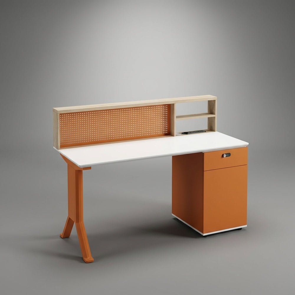 Studio Creative Workstation with Overhead Hutch Organizer – Natural Oak & Orange