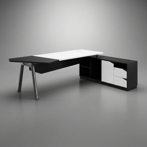 Matrix L-Shaped Executive Desk with Integrated Credenza – Anthracite & Pure White - Offix Furniture