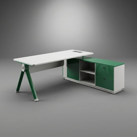 Verde Designer L-Shaped Desk with Multi-Compartment Credenza – White & Olive Green - Offix Furniture