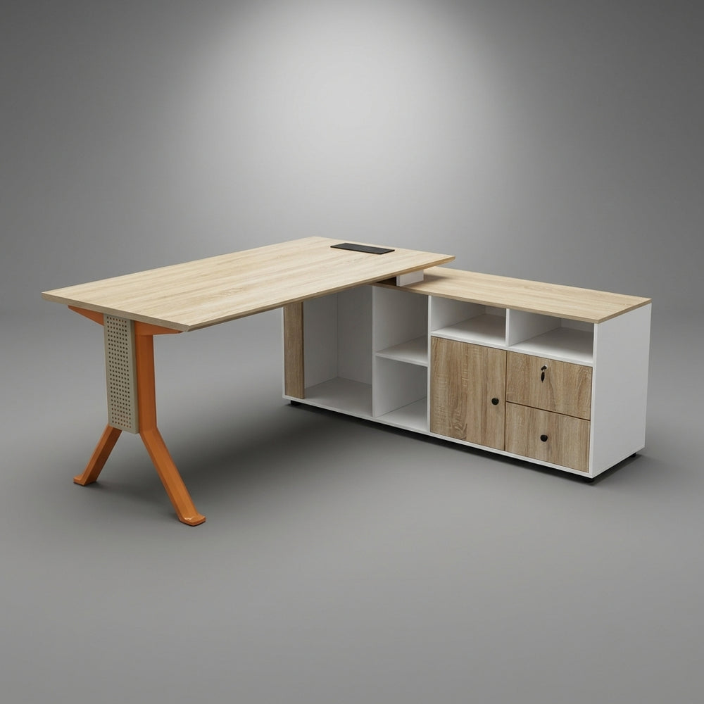 Kinetic L-Shaped Managerial Desk with Display Credenza – Light Oak & Sunset Orange