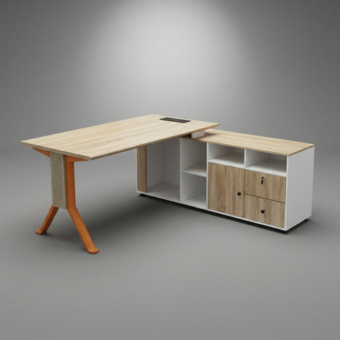 Kinetic L-Shaped Managerial Desk with Display Credenza – Light Oak & Sunset Orange - Offix Furniture
