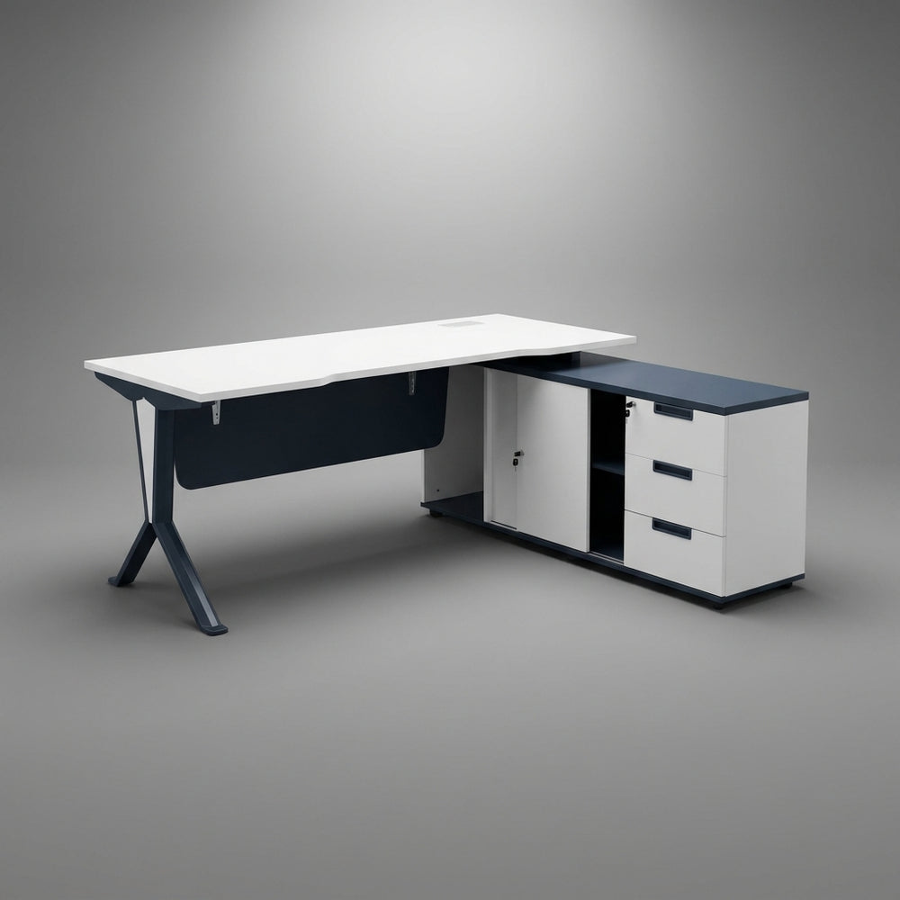 Cobalt L-Shaped Managerial Desk with Extended Return Pedestal – Deep Navy & White