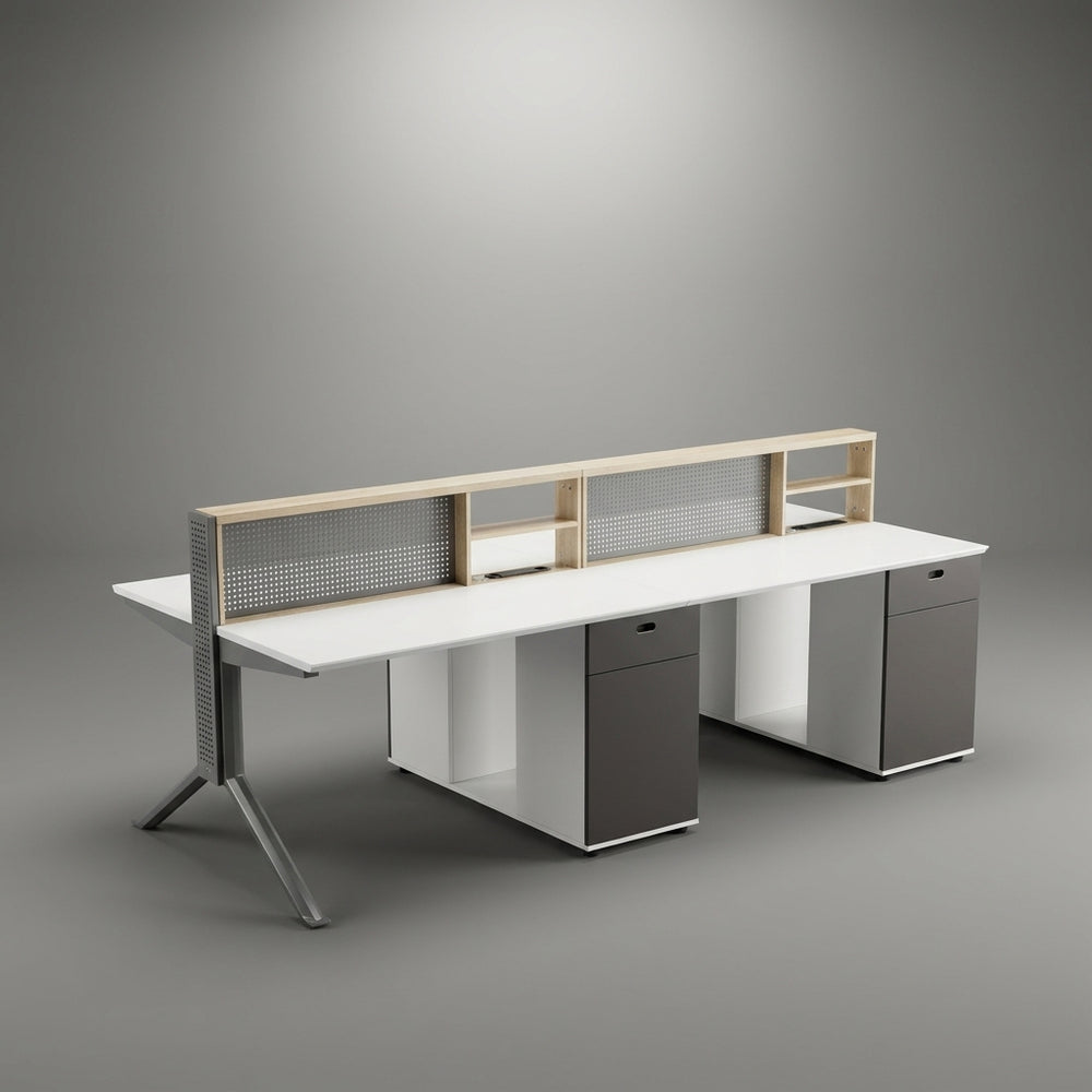 Nexus 2-Person Dual Office Workstation with Upper Display Shelf – White & Graphite