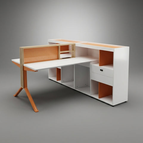 Synergy Executive L-Shaped Workstation with Overhead Hutch – Orange & Arctic White - Offix Furniture