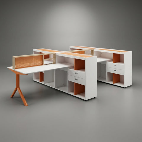 Collaborate 2-Person Modular Workstation System with Upper Storage – White & Mandarin - Offix Furniture