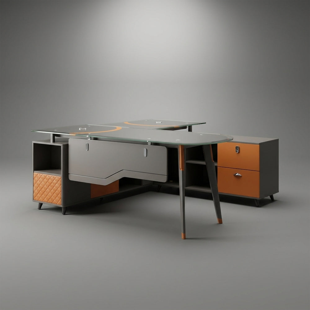 Cyber Executive L-Shaped Desk with Integrated Side Credenza – Gunmetal & Flame Orange