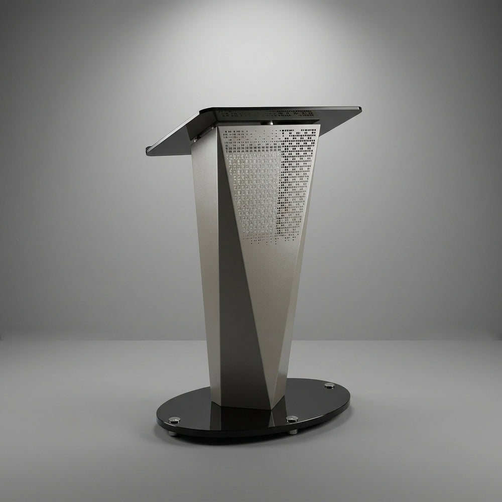 Aero Sculptural Metal Rostrum – Brushed Aluminum & Weighted Black Base