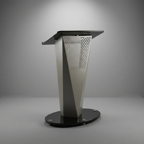 Aero Sculptural Metal Rostrum – Brushed Aluminum & Weighted Black Base - Offix Furniture