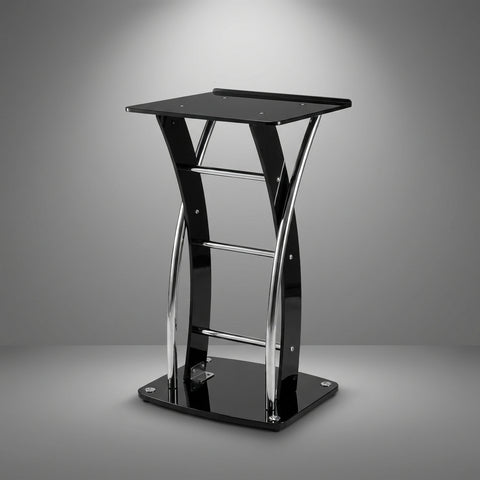Vertex S-Curve Architectural Lectern – Polished Chrome & Acrylic Black - Offix Furniture