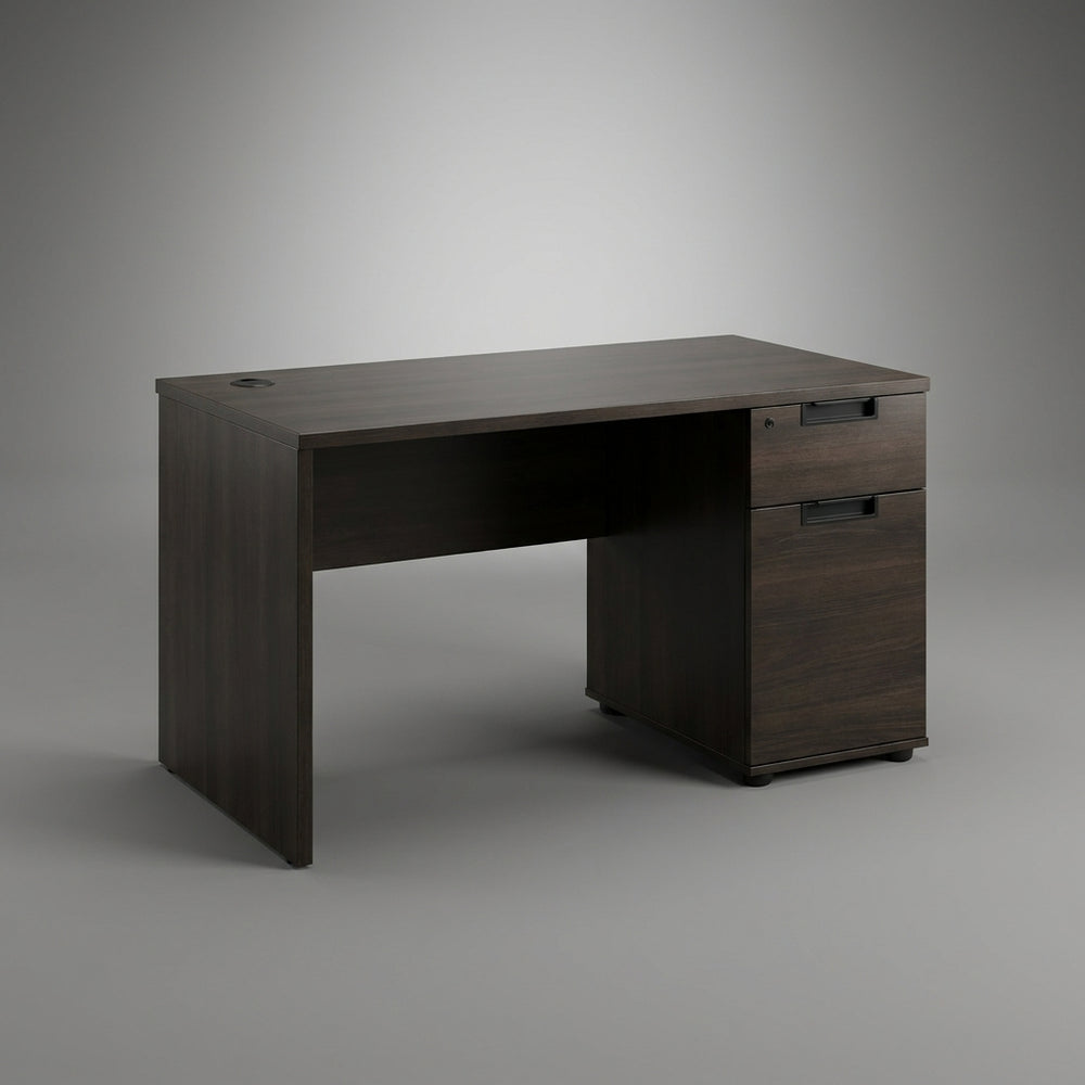 Modena Straight Office Desk with Side Drawer Pedestal – Dark Walnut